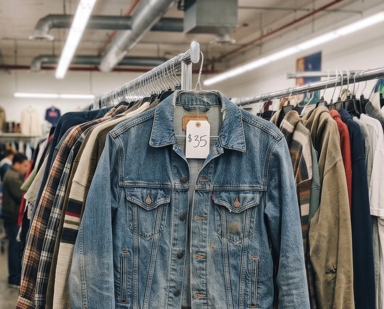 Worn denim trucker jacket with a $35 price tag on a crowded thrift store rack